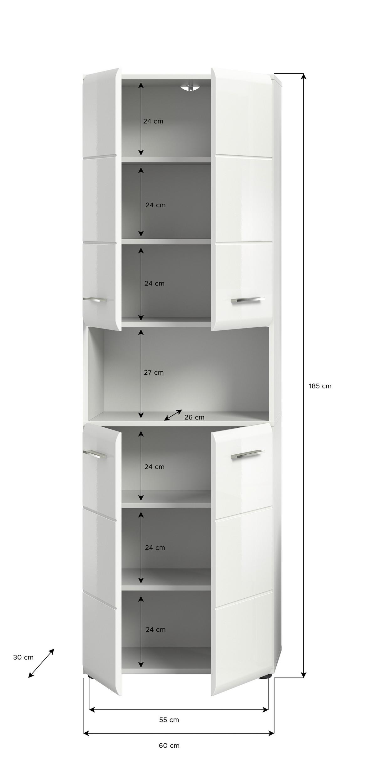 Hochschrank Ice 4-Türig B: 60 Cm - Weiß Hochglanz/Schwarz, MODERN, Holzwerkstoff (60/185/30cm) - MID.YOU
