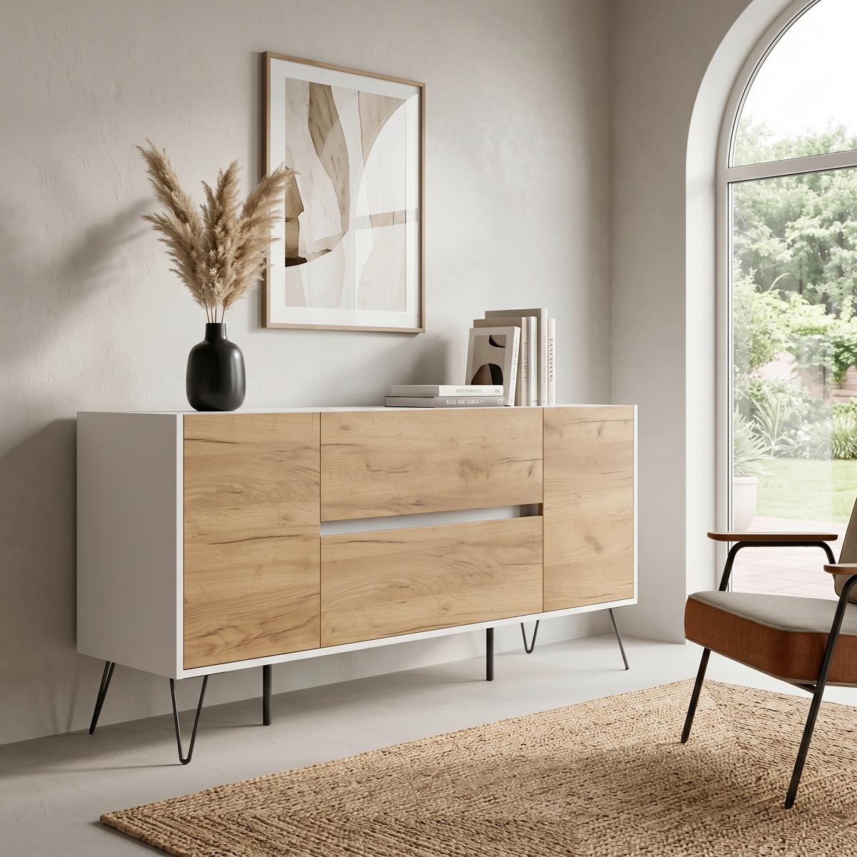 Sideboard Posseik Industrial Eichefarben/Weiß B: 155 cm - Weiß Hochglanz/Eichefarben, Design, Holzwerkstoff (155/75,8/42cm) - MID.YOU