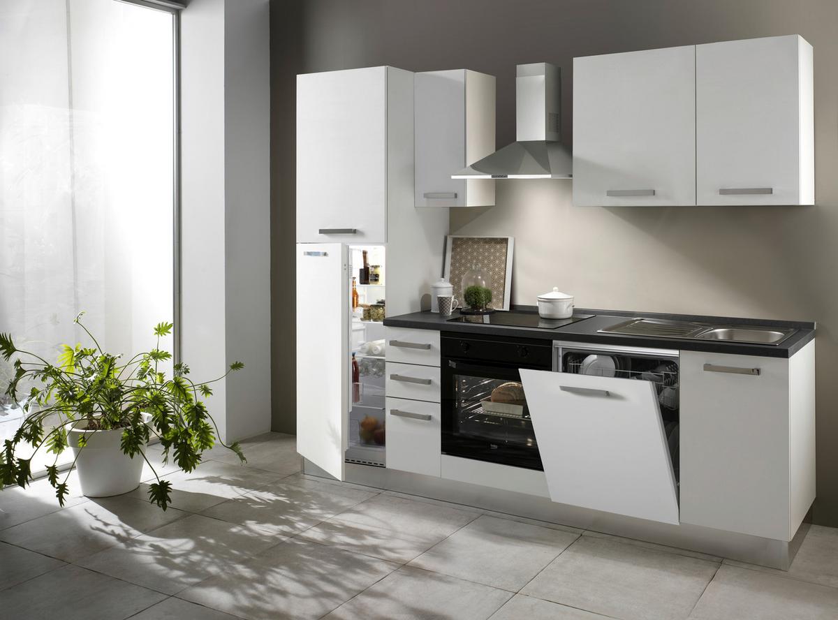 Küchenzeile Belluna mit Geräten 255 cm Weiß Dekor Elegant - Dunkelgrau/Alufarben, Basics, Holzwerkstoff/Kunststoff (255/216/60cm) - MID.YOU