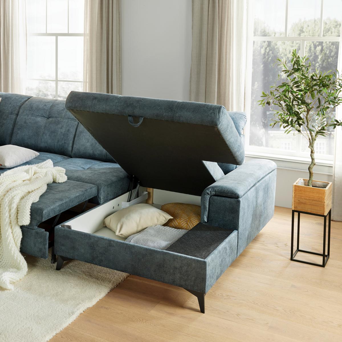 Sedacia súprava do U SIERRA, pravá, modrosivá INFINITY - čierna/modrosivá, Modern, kov/textil (181/364/230cm) - Mömax