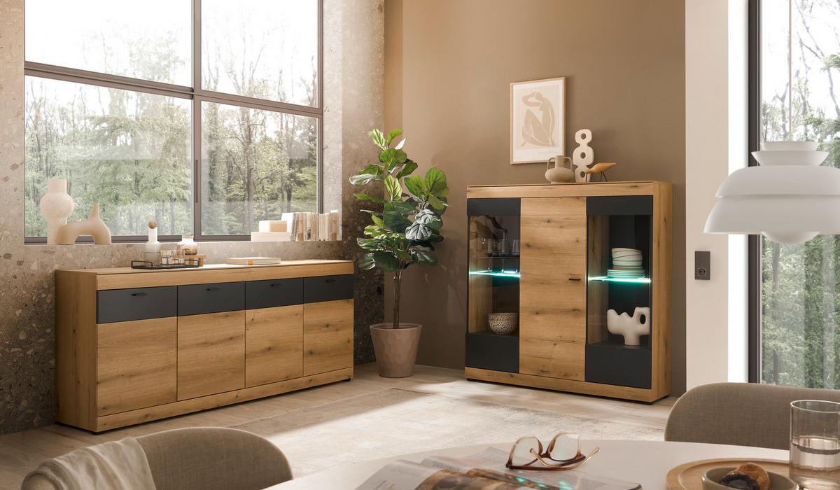 Highboard Soleto Graphit-/Eichefarben B: 140cm - Eichefarben/Schwarz, Design, Glas/Holzwerkstoff (140/141/35cm) - MID.YOU