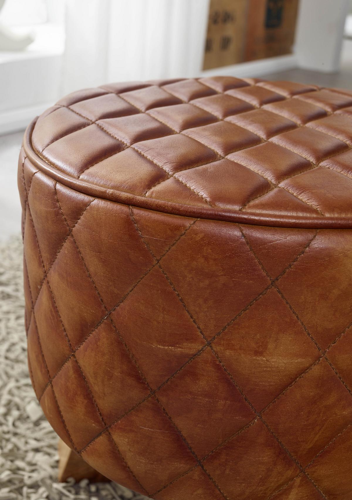 Taburetka Hocker pravá koža - hnedá/prírodná farba, Modern, koža/drevo (35/46/35cm) - MID.YOU