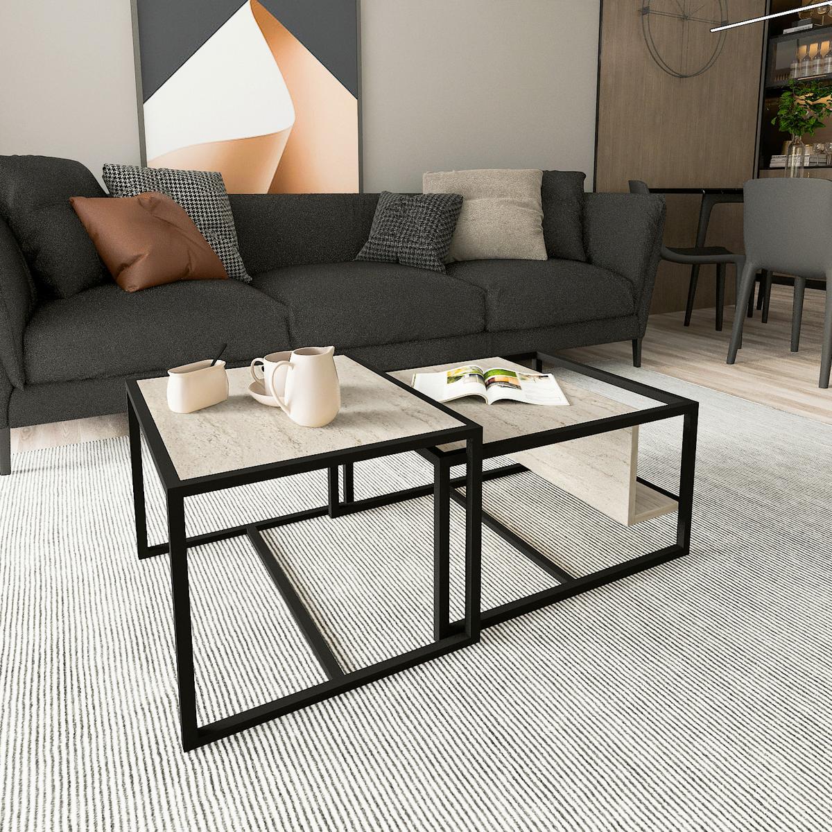 Couchtisch Bati Beige B: 60-63 Cm - Beige/Schwarz, Design, Holzwerkstoff/Metall (60-63/45-40/50-55cm) - Livetastic