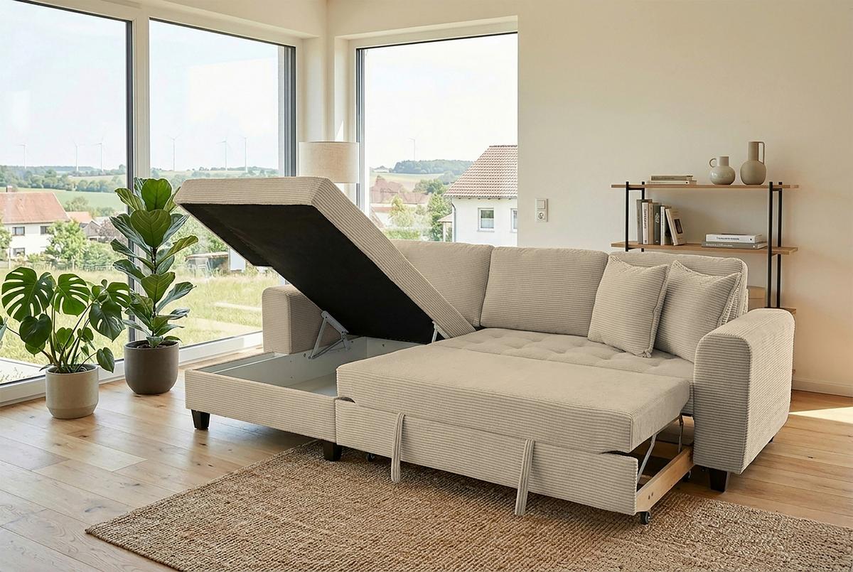 Ecksofa Moritz Graubraun  S: ca. 155x265 cm - Hellbraun, Trend, Textil (155/265cm)
