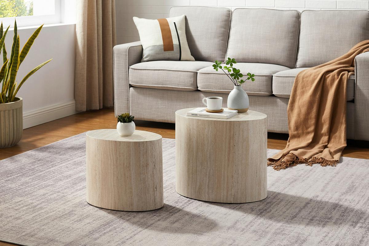 Couchtischset 2-teilig Beige/travertinoptik - Beige, MODERN, Holzwerkstoff (48-40/33-24,5/40-33cm) - Livetastic