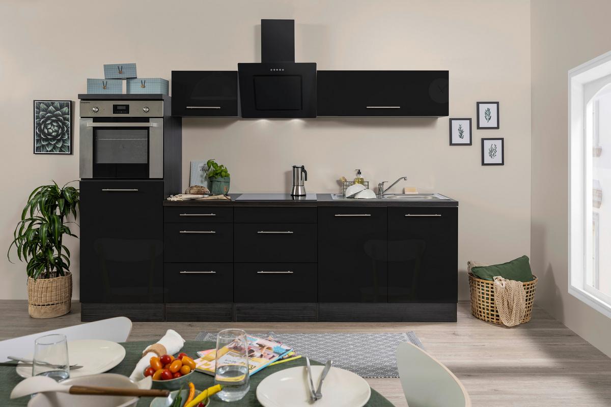 Küchenzeile mit Geräten 270 cm Schwarz Hochglanz - Eichefarben/Schwarz, Basics, Holzwerkstoff (270cm) - Respekta