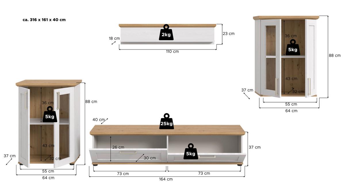 Wohnwand Verona Lärchefarben /Eiche Dekor B: 316cm - Lärchefarben/Schwarz, Design, Holzwerkstoff (316/161/40cm) - Livetastic