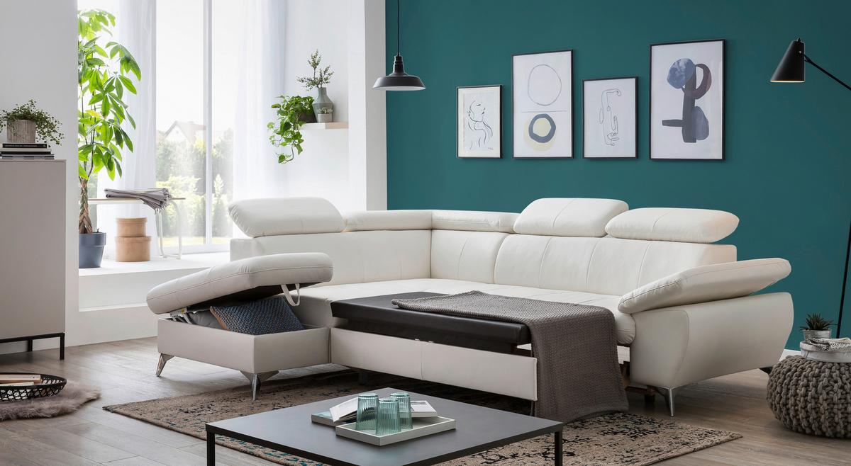 Ecksofa mit Schlaffunktion und Bettkasten Gisele Weiß - Chromfarben/Weiß, KONVENTIONELL, Textil (209/256cm) - Livetastic