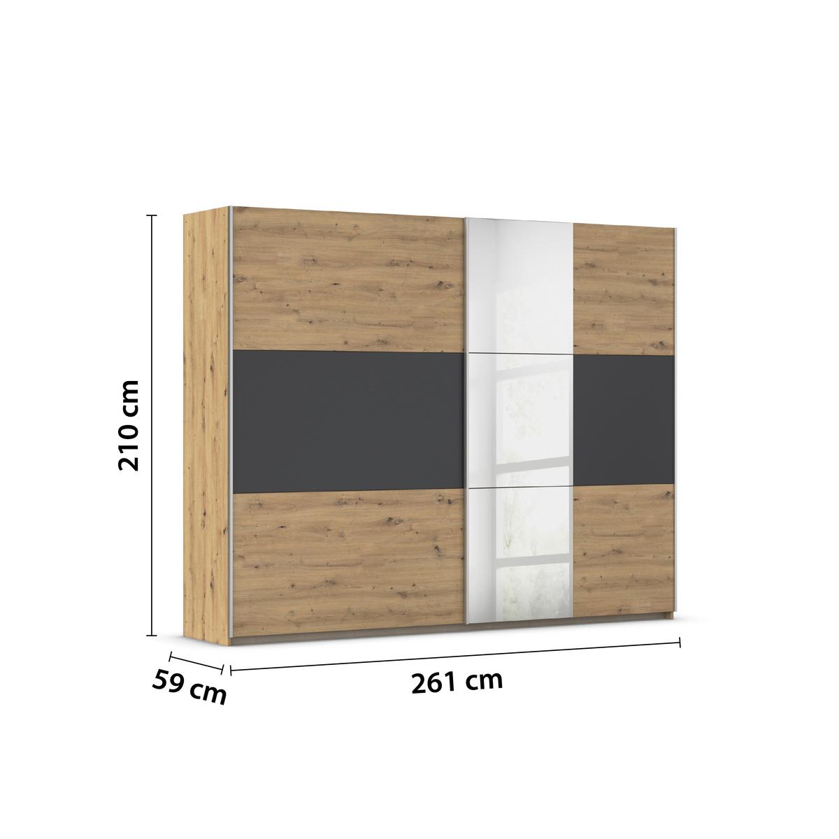 Schwebetürenschrank Mit Spiegel 261cm, Grau/Eiche Artisan - Eiche Artisan/Grau, KONVENTIONELL, Holzwerkstoff (261cm)