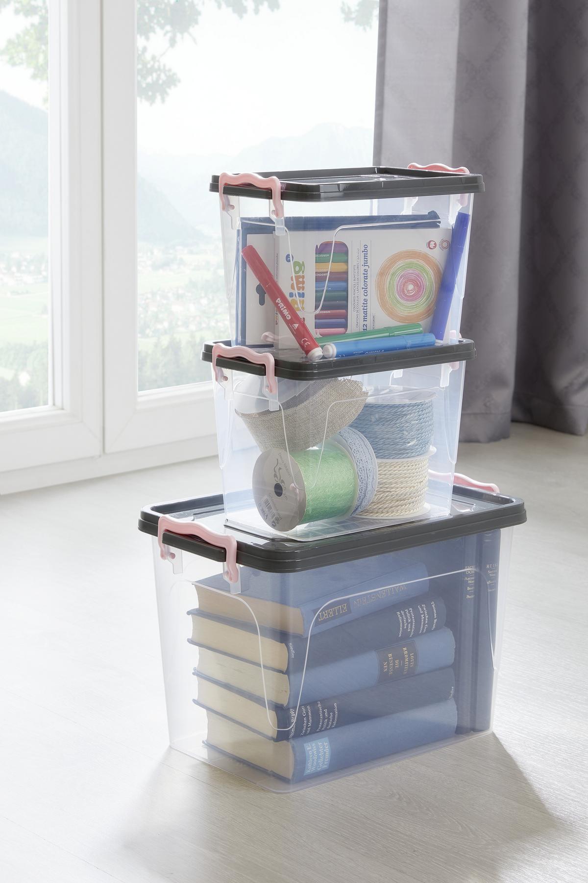 Aufbewahrungsbox Lia Mit Deckel 3er-Set Stapelbar - Transparent/Rosa, Kunststoff - Homezone