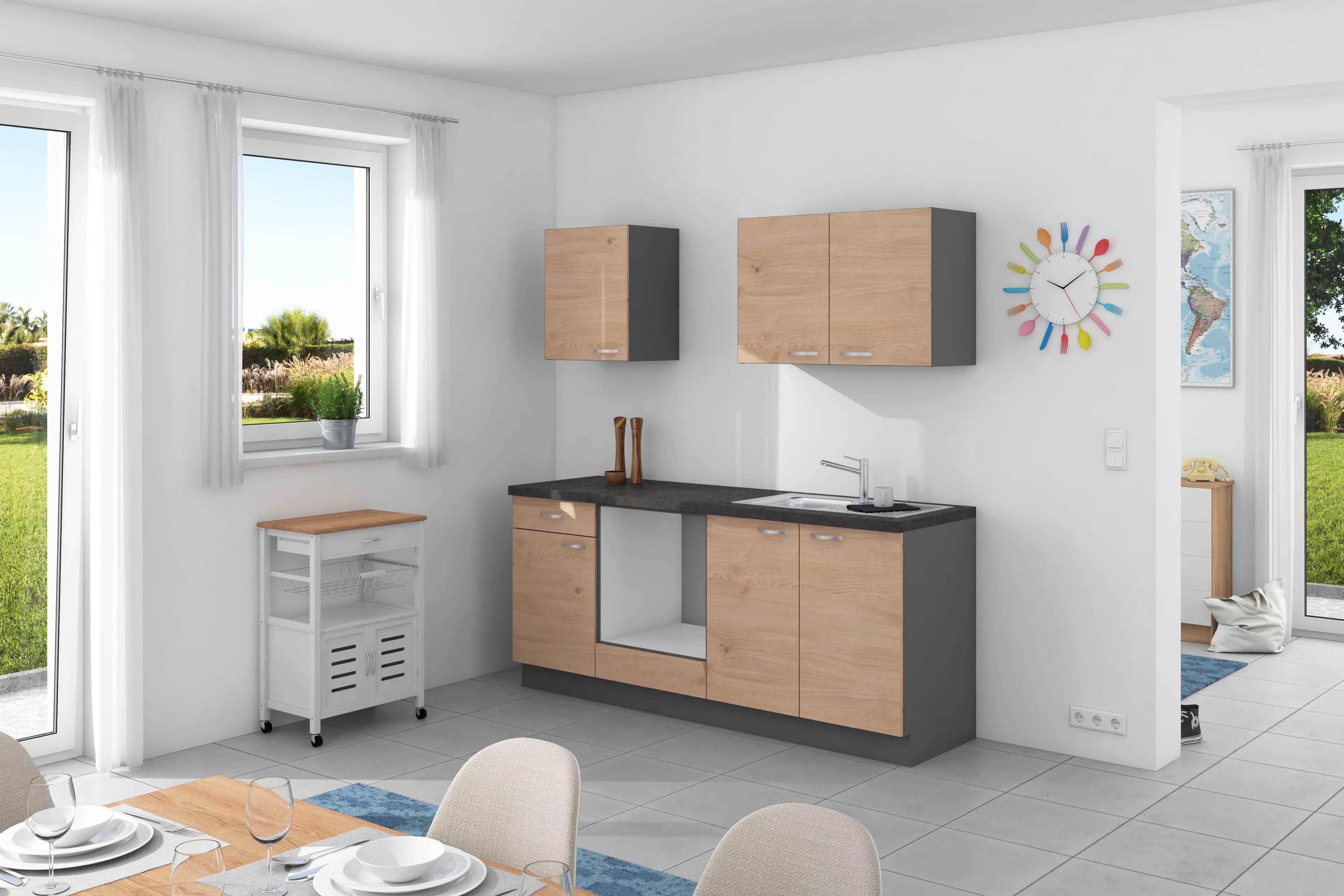 Küchenzeile Plan ohne Geräte ohne Geräte B: 200 cm - Wildeiche/Anthrazit, Design, Holzwerkstoff (200cm) - Express
