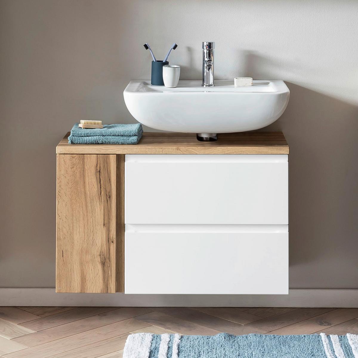 Waschbeckenunterschrank Varese B: 85 Cm Wotaneiche Dekor/weiß - Eiche Wotan/Weiß, MODERN, Holzwerkstoff (85/56/35cm) - Held