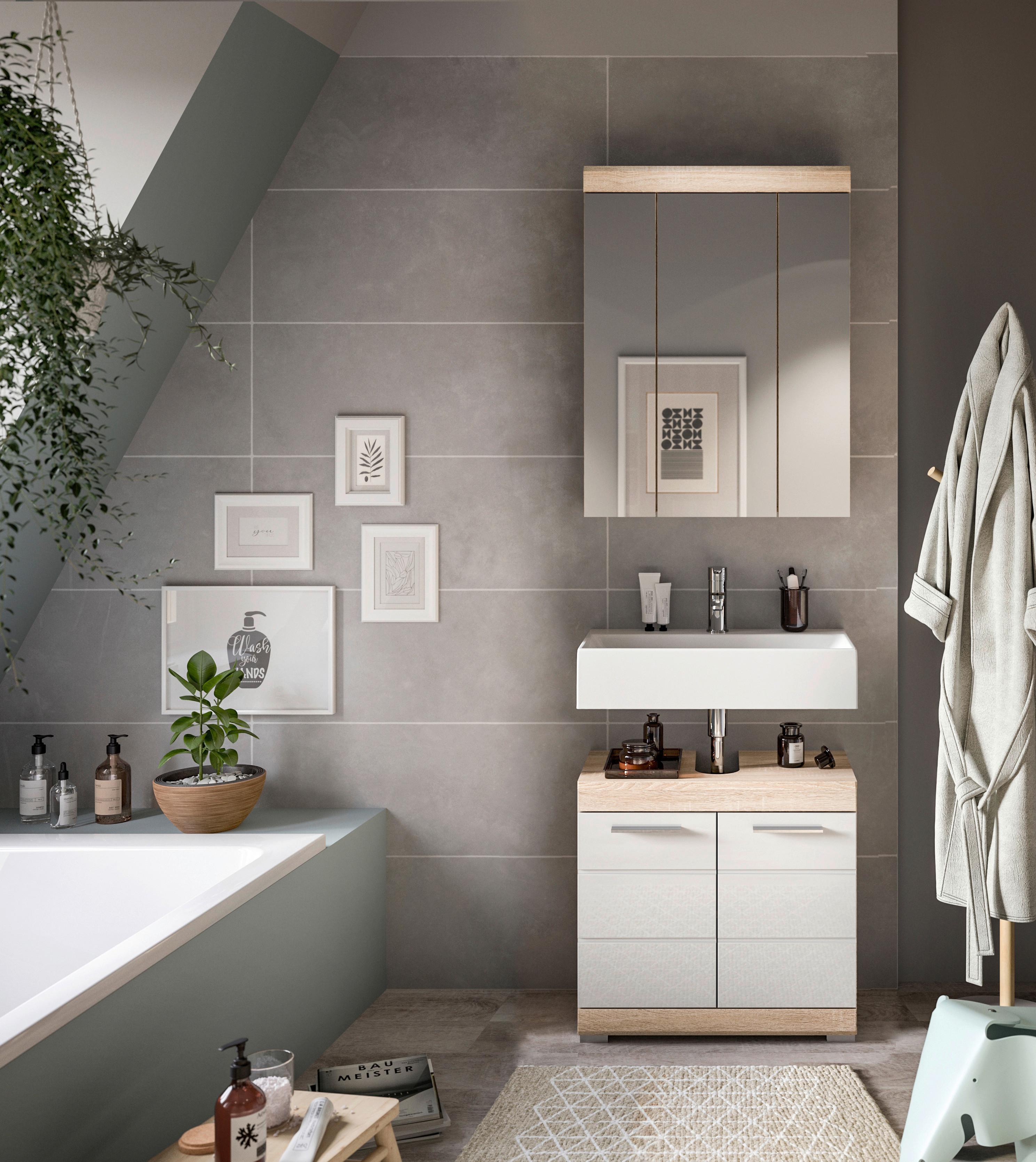 Badezimmer Lambada Eiche Dekor/weiß B: 60 Cm - Weiß Hochglanz/Silberfarben, MODERN, Glas/Holzwerkstoff (60cm) - MID.YOU