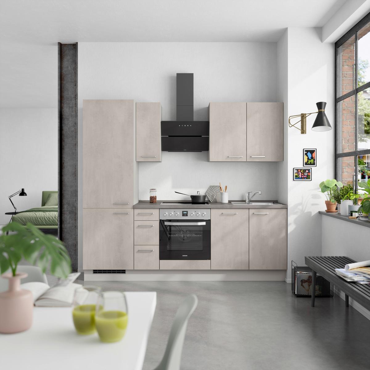 Kuchynská linka 240 cm, šedý betón/ kamenná šedá - sivá/farba ušľachtilej ocele, Modern, kov/kompozitné drevo (240cm) - Nobilia