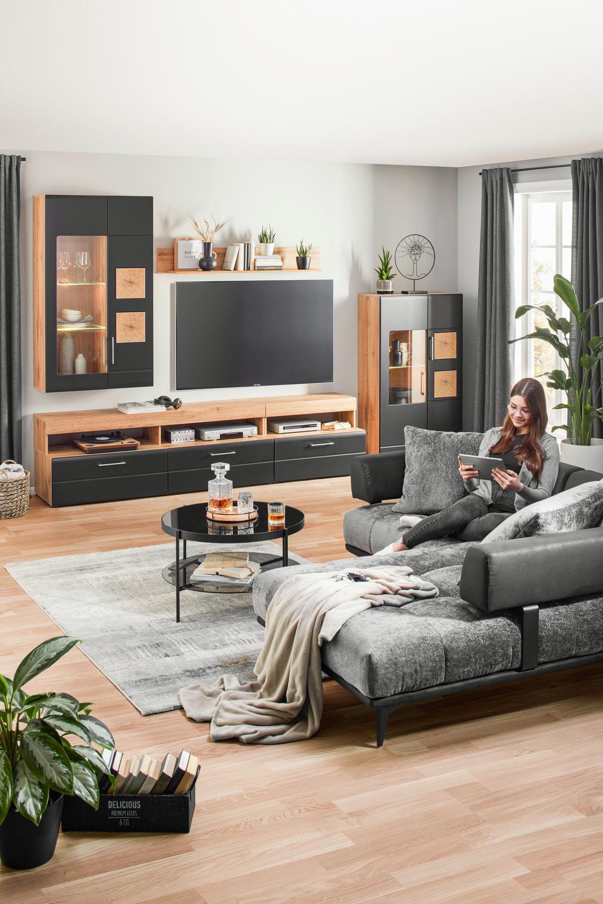 OBÝVACÍ STĚNA SONATE - černá/barvy dubu, Konvenční, kov/kompozitní dřevo (330/208/52cm) - Mömax