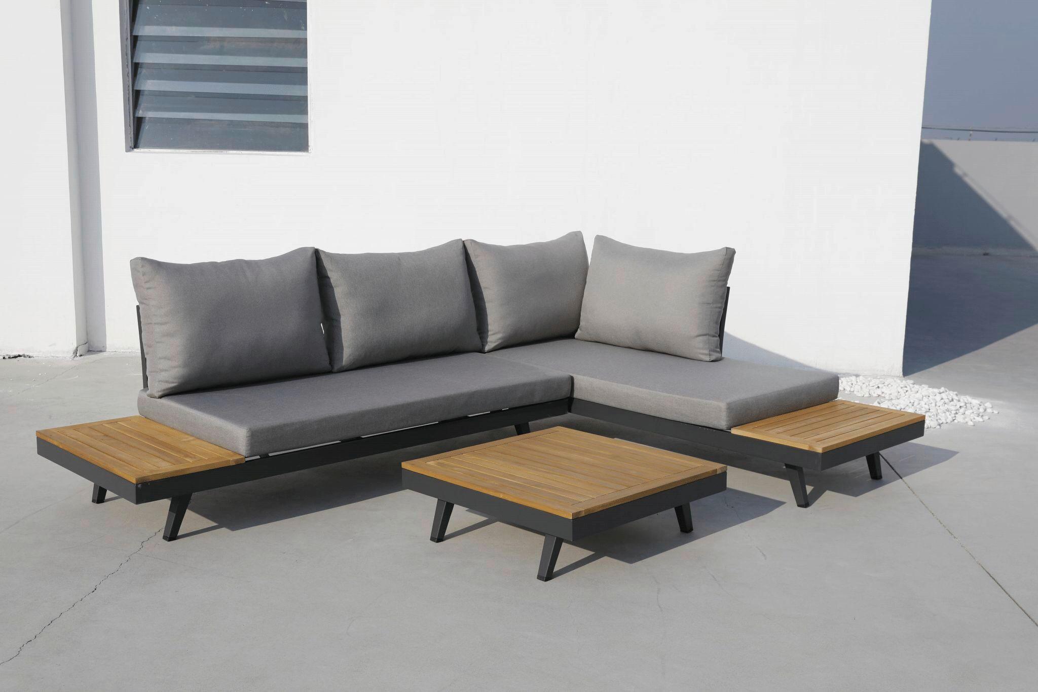 Loungegarnitur 3--teilig. Naxos Holz/Metall/Textil mit Kissen - Anthrazit/Silberfarben, Basics, Holz/Textil (175/175cm) - Gardenson