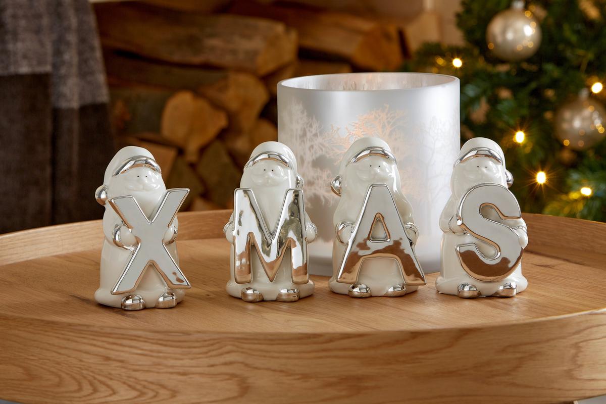 Dekor Felirat Xmas - ezüstszínű/fehér, Basics, kerámia (7/11,5/6,5cm) - Ondega