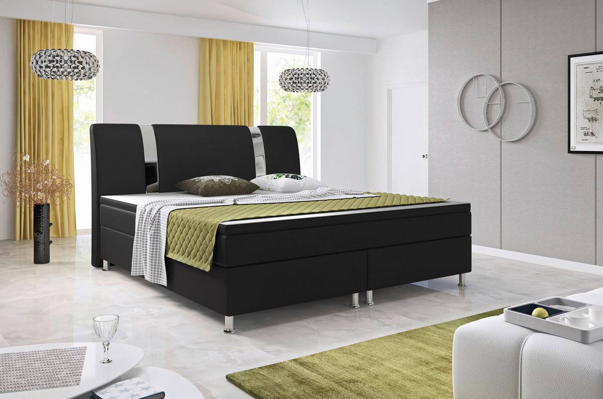 Boxspringbett mit Topper Lederlook 180x200 Riva-F - Silberfarben/Schwarz, KONVENTIONELL, Leder/Textil (180/115/210cm) - MID.YOU