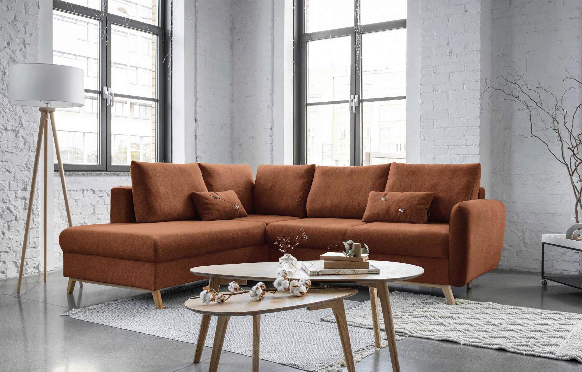 Sedačka LUCILE L, levá, cihlová, úl.prostor a lůžko - terracotta/přírodní barvy, dřevo/textil (202/242cm) - MID.YOU