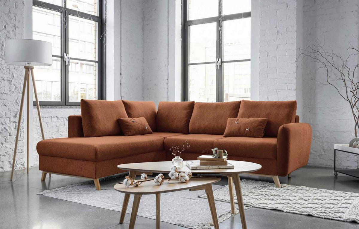 Sedačka LUCILE L, levá, cihlová, úl.prostor a lůžko - terracotta/přírodní barvy, dřevo/textil (202/242cm) - MID.YOU