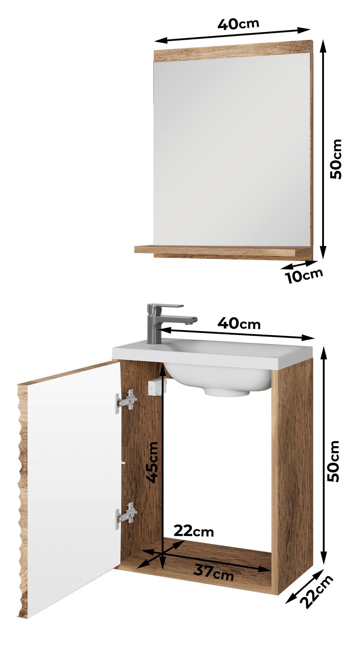 Badmöbel-Set Toronto 3--Teilig. Eiche Wotan, B: 40cm - Eiche Wotan/Weiß, Basics, Keramik/Holzwerkstoff (40/100/22cm) - P & B