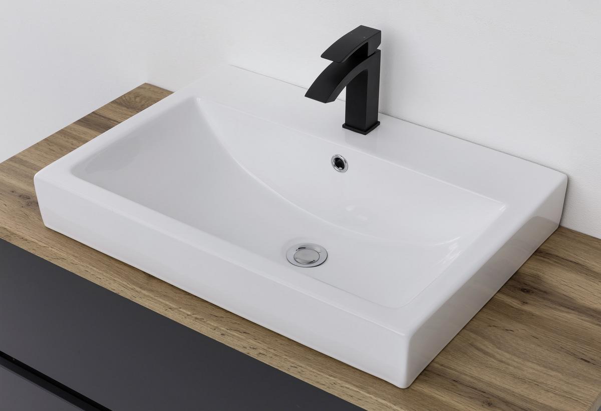 Waschbecken Mit Unterschrank B: 100 Cm, Weiß Dekor - Eichefarben/Weiß, Basics, Keramik/Holzwerkstoff (100cm) - Held