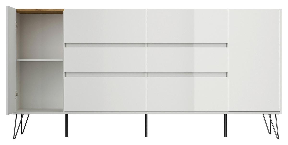 Sideboard Posseik Industrial Weiß/Eichefarben B: 199 cm - Weiß Hochglanz/Eichefarben, Design, Holzwerkstoff (199/93,6/42cm) - P & B