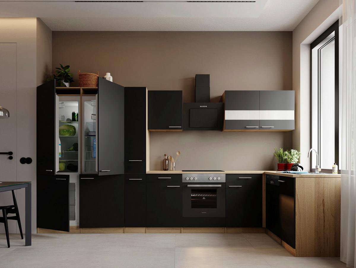 ECKKÜCHE Merle, Schwarz S: 370x172 cm - Eichefarben/Schwarz, Trend, Holzwerkstoff (370/172cm) - Respekta