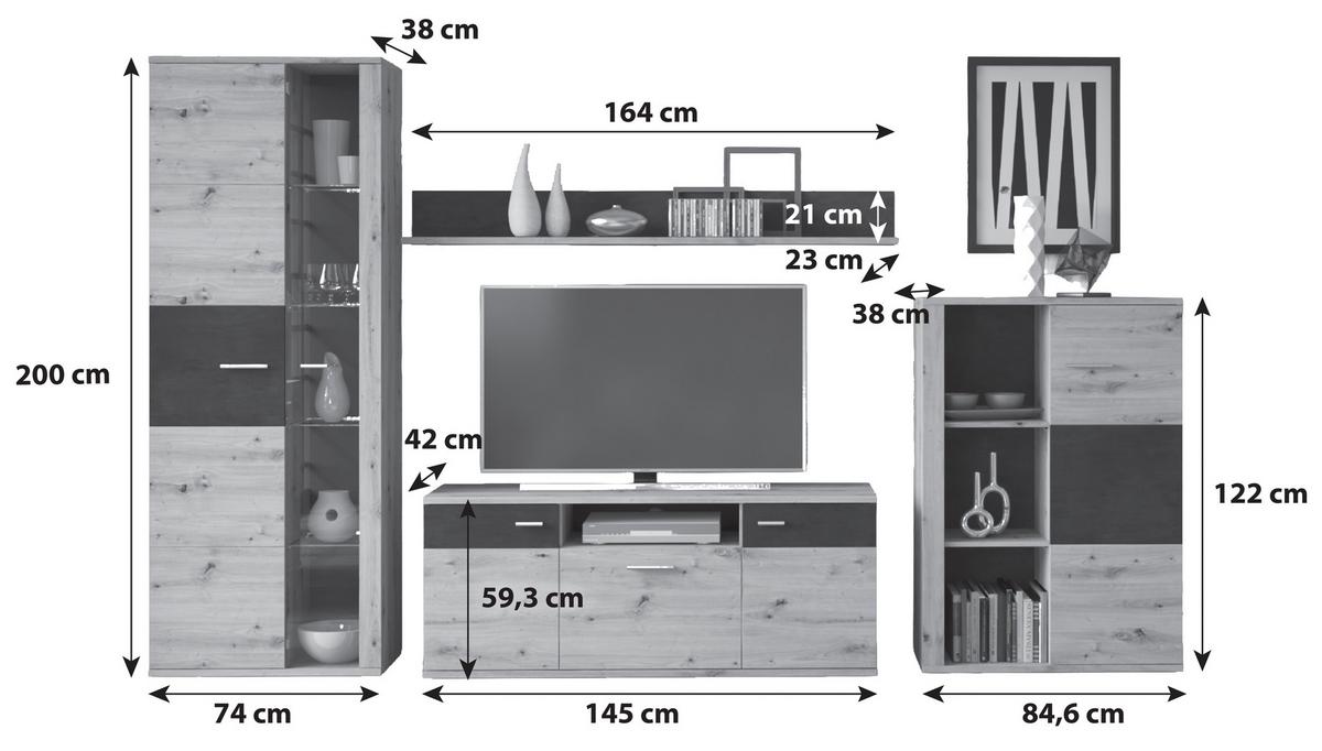 Stapelprogramm Nina Eiche Artisan/Fresco B:303,6cm - Eiche Artisan, Glas/Holzwerkstoff (303,6/200/42cm) - MID.YOU
