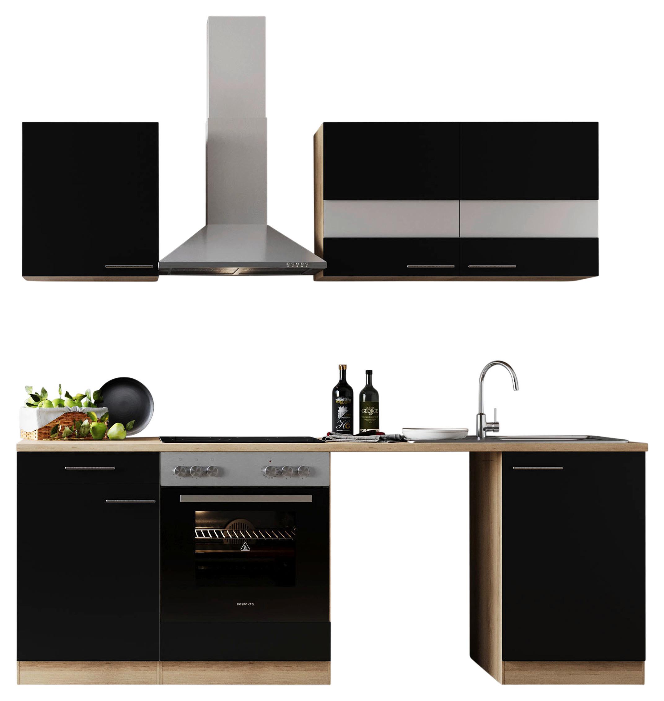 Küchenblock Merle Schwarz B: 220 cm - Eichefarben/Schwarz, Basics, Glas/Holzwerkstoff (220cm) - Respekta