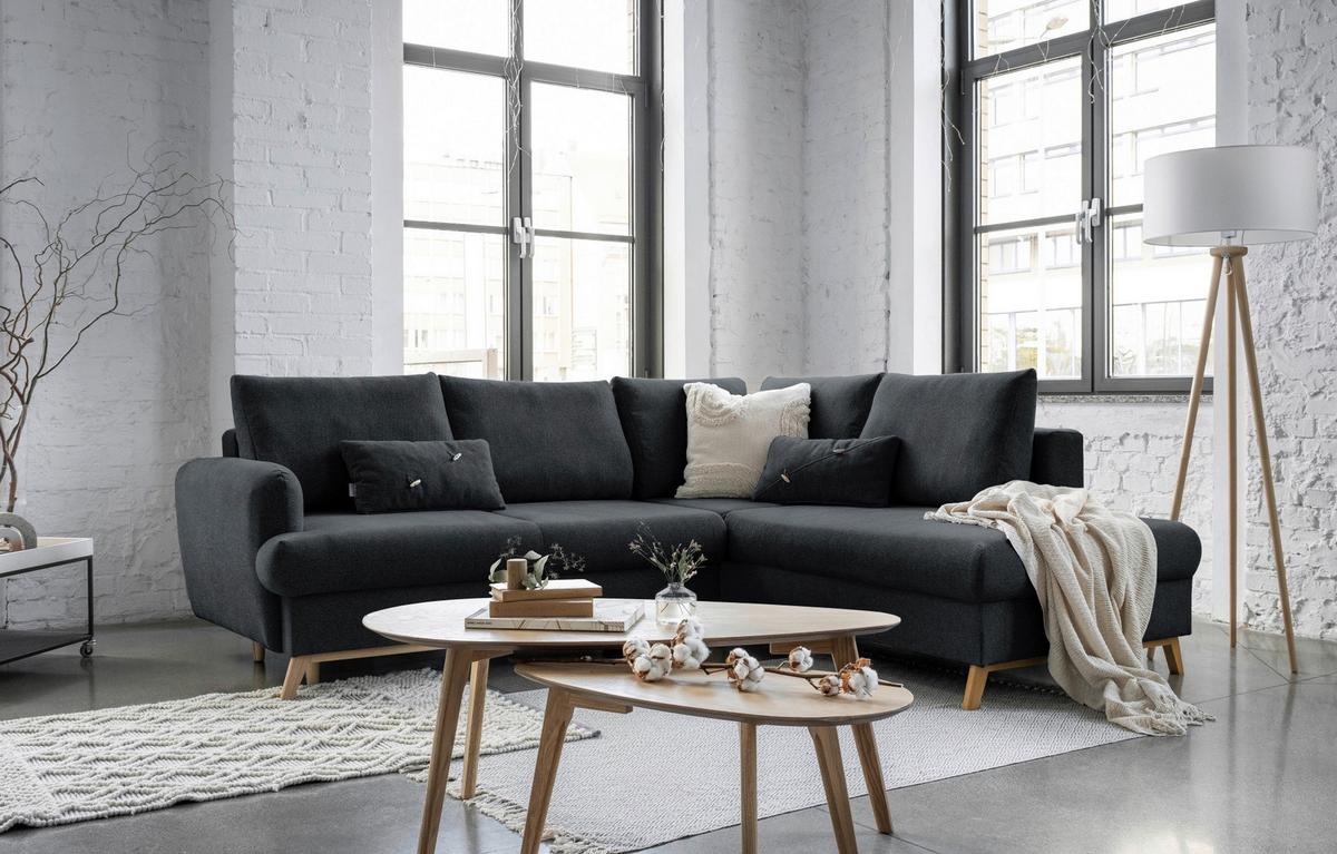 Ecksofa Scandic Lagom Dunkelgrau S: 242x202 cm - Dunkelgrau/Naturfarben, Textil (242/202cm) - MID.YOU