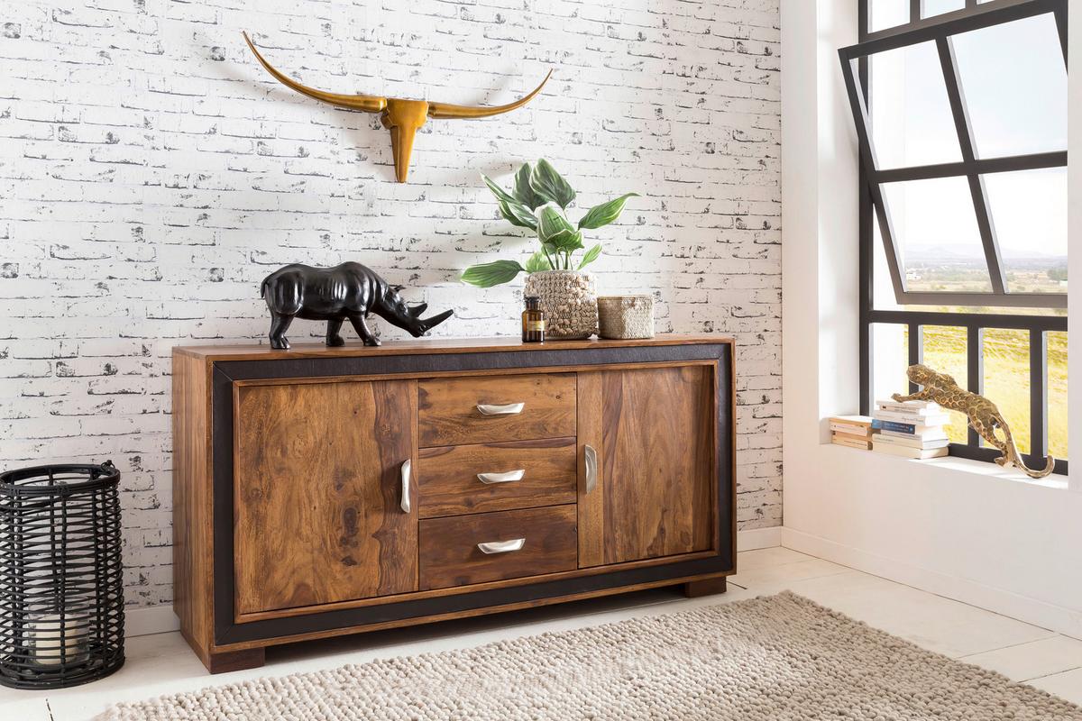 Sideboard 160 cm Sheesham, Sheeshamfarben - Sheeshamfarben/Schwarz, Design, Holz/Textil (160/80/44cm) - MID.YOU