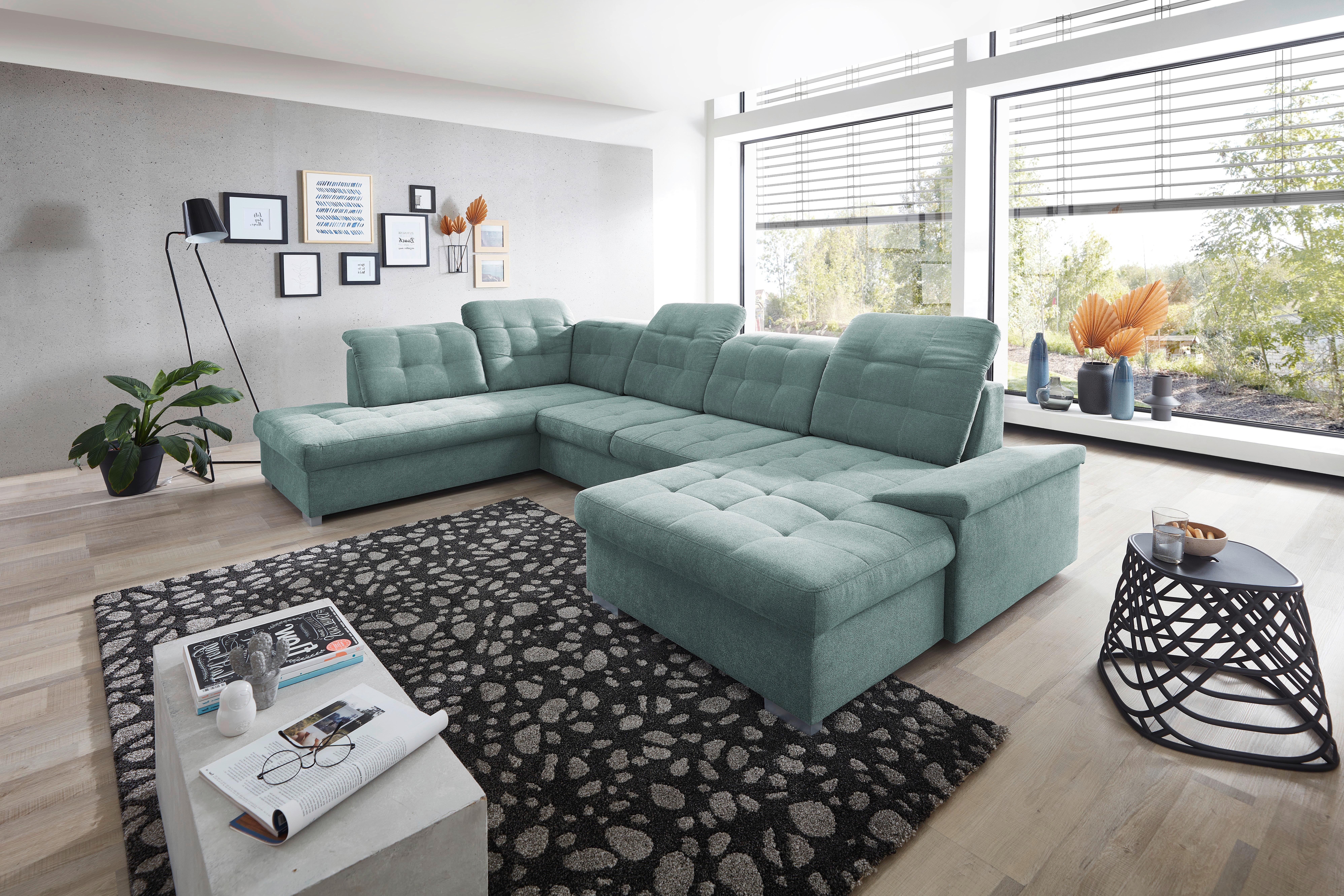 Wohnlandschaft Zira Mit Schlaffunktion Mintgrün - Chromfarben/Mintgrün, Design, Textil (212/330/169cm) - Livetastic