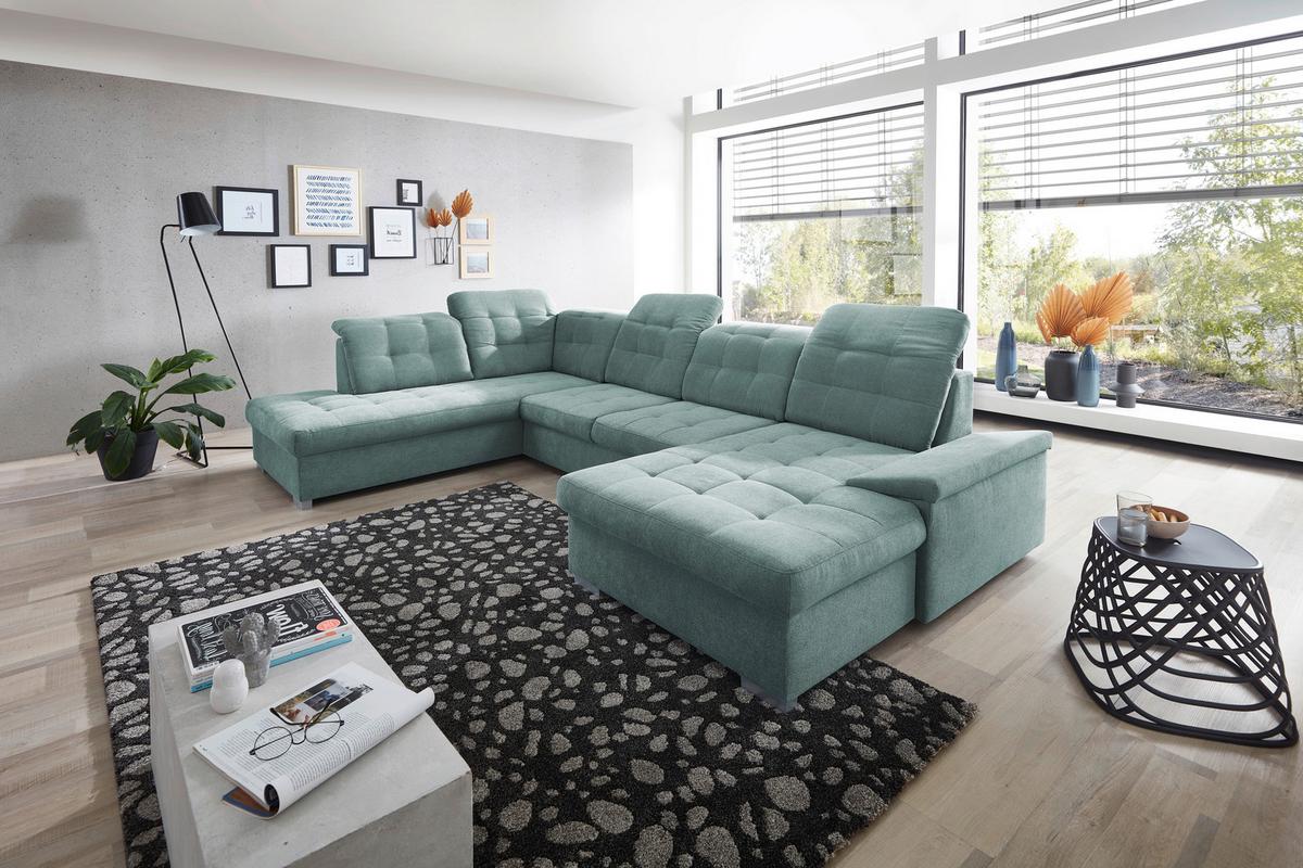 Wohnlandschaft Zira Mit Schlaffunktion Mintgrün - Chromfarben/Mintgrün, Design, Textil (212/330/169cm) - Livetastic