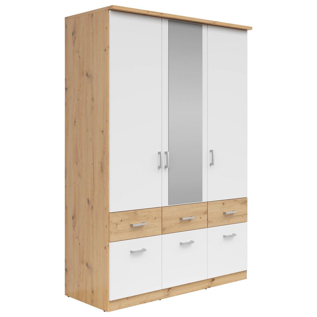 Drehtürenschrank mit Laden 136cm Brando, Weiß/Eiche Dekor