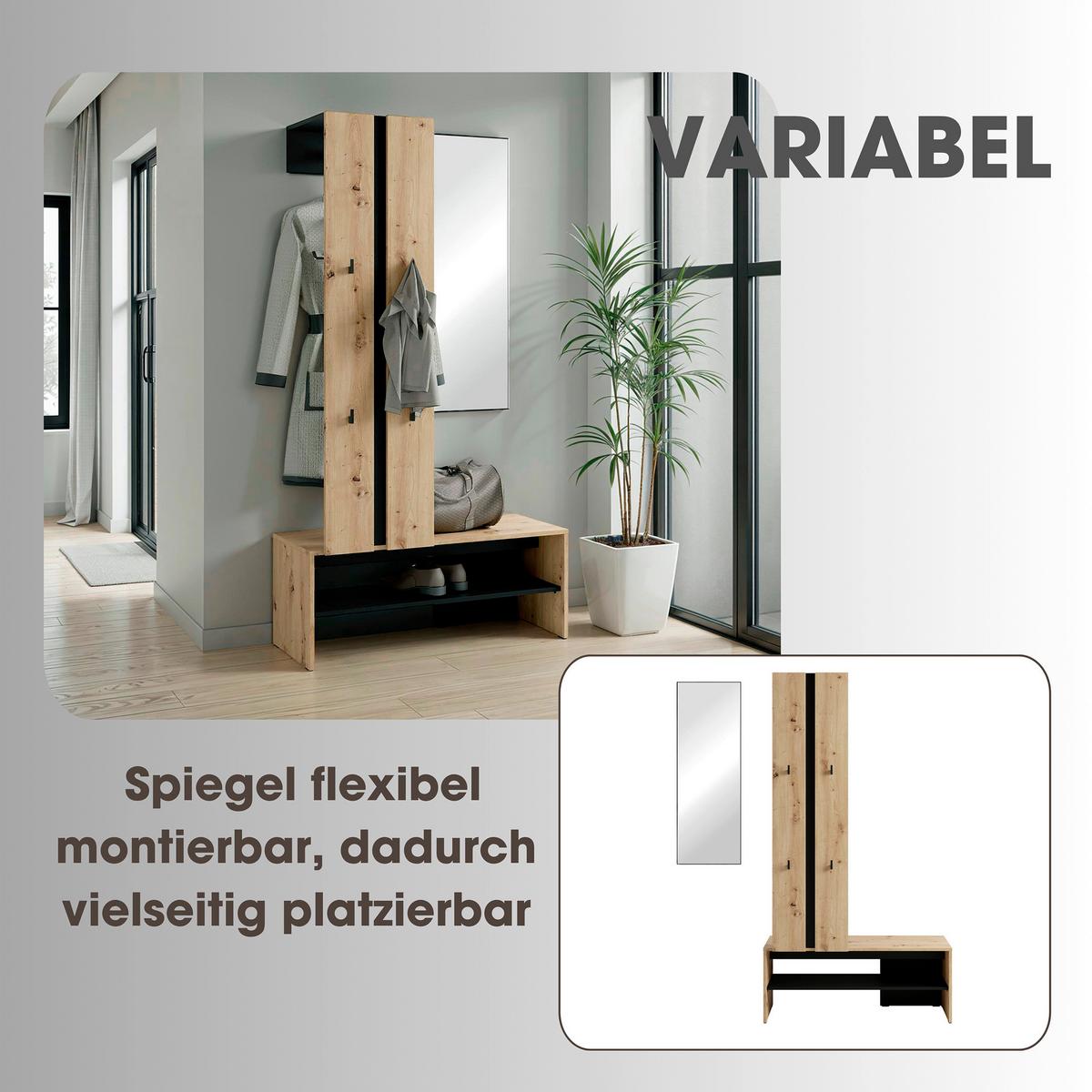 Garderobe Nante Set Eiche Artisan/Schwarz B: 100cm - Schwarz/Eiche Artisan, Design, Holzwerkstoff (100/186/40cm) - MID.YOU
