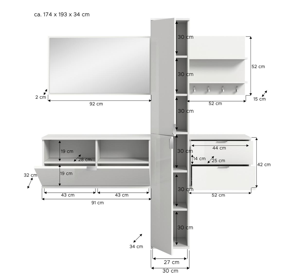 Garderobe Projekt X Weiß T: 174 cm - Weiß Hochglanz/Weiß, Design, Holzwerkstoff - Livetastic