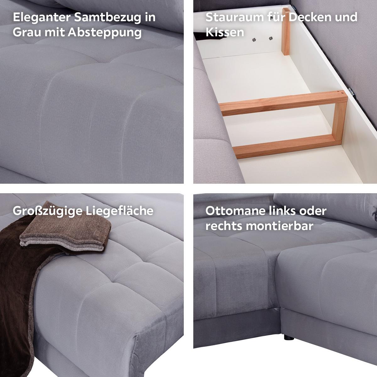 Ecksofa mit Schlaffunktion + Bettkasten Adria Grau - Grau, MODERN, Textil (213/308cm) - Luca Bessoni