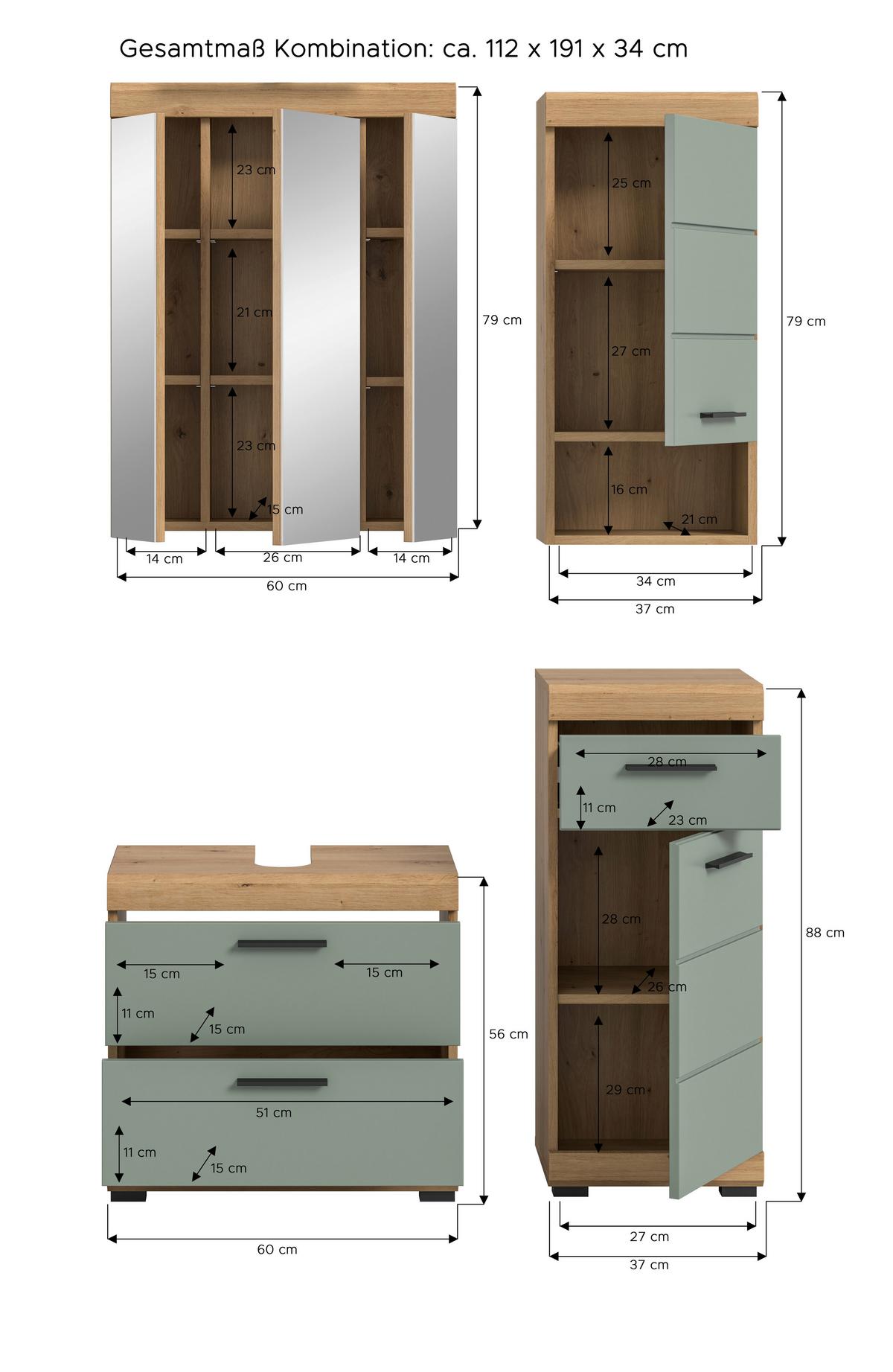 Badezimmer Scout Salbeigrün/eiche D. B: 97 Cm - Salbeigrün/Schwarz, MODERN, Glas/Holzwerkstoff (97cm) - MID.YOU