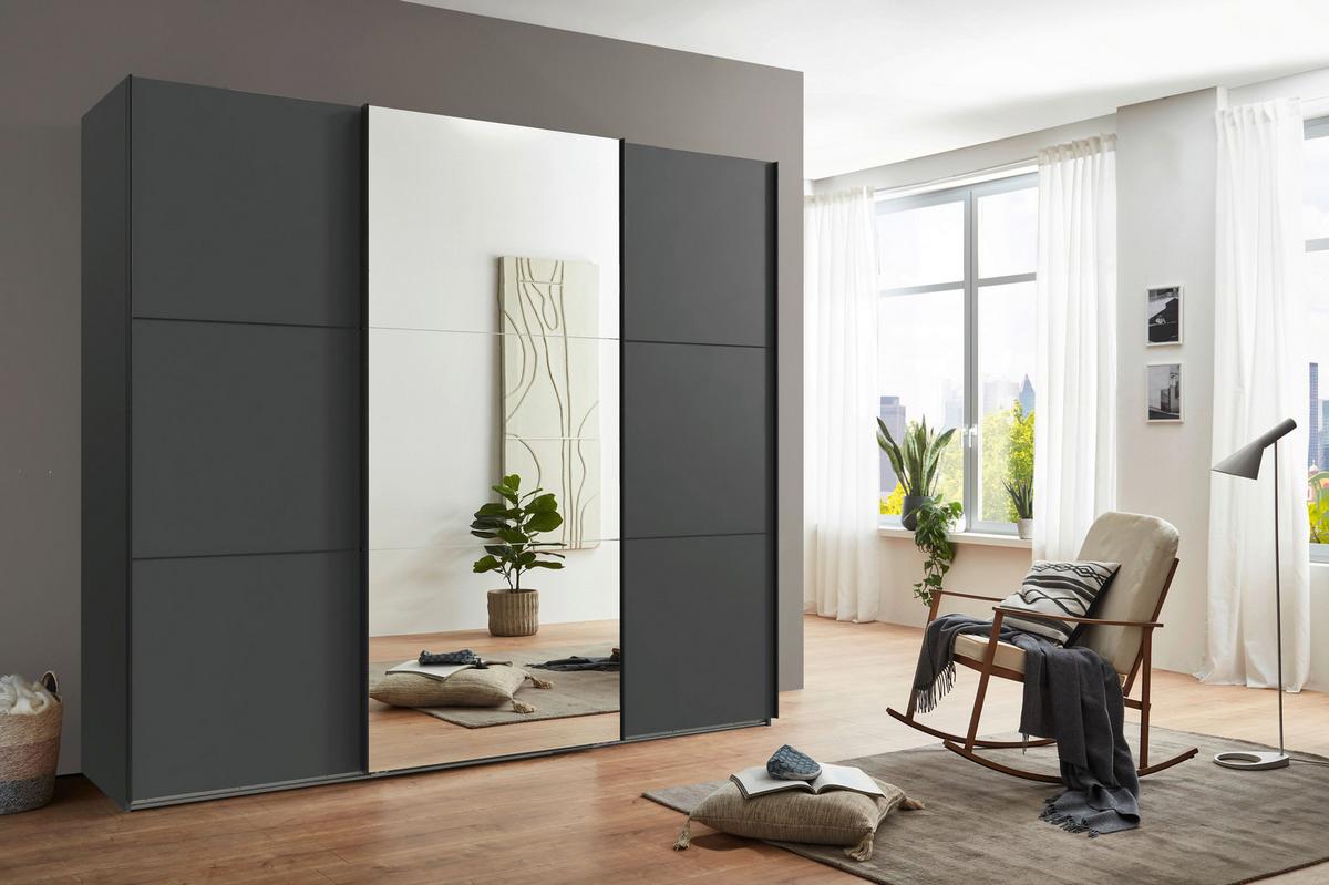 Schwebetürenschrank Indian A Grafit Dekor/spiegel, B:250cm - Graphitfarben, KONVENTIONELL, Glas/Holzwerkstoff (250/216/65cm)