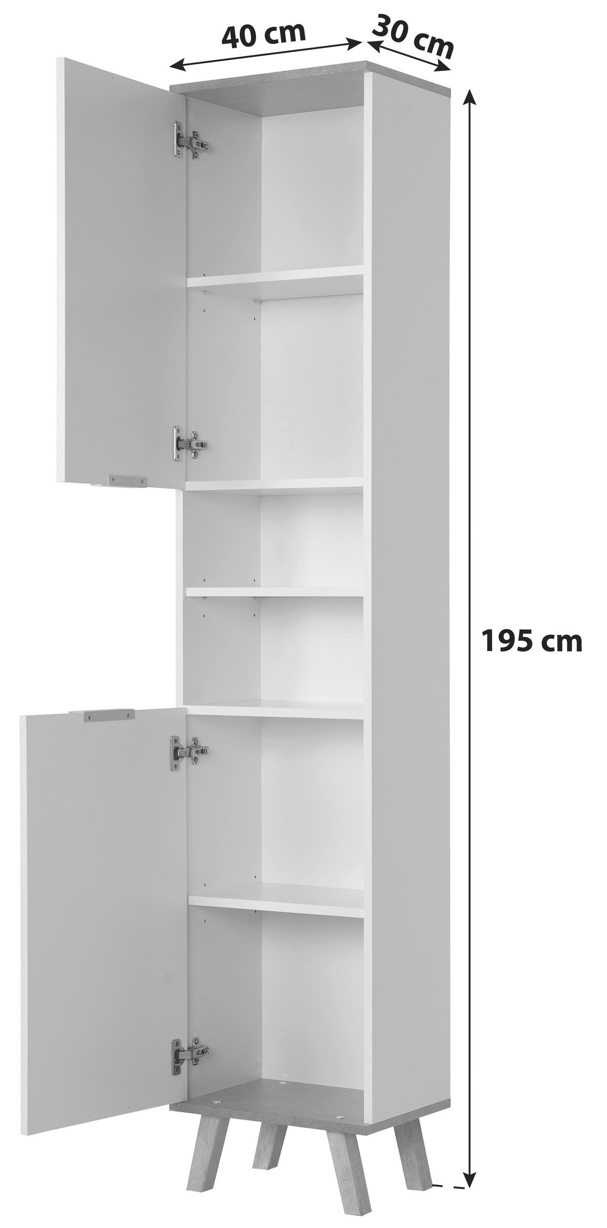 Hochschrank mit Echtholzfüßen Turin B: 40 cm Weiß/Beton - Weiß/Grau, MODERN, Holzwerkstoff (40/195/30cm)