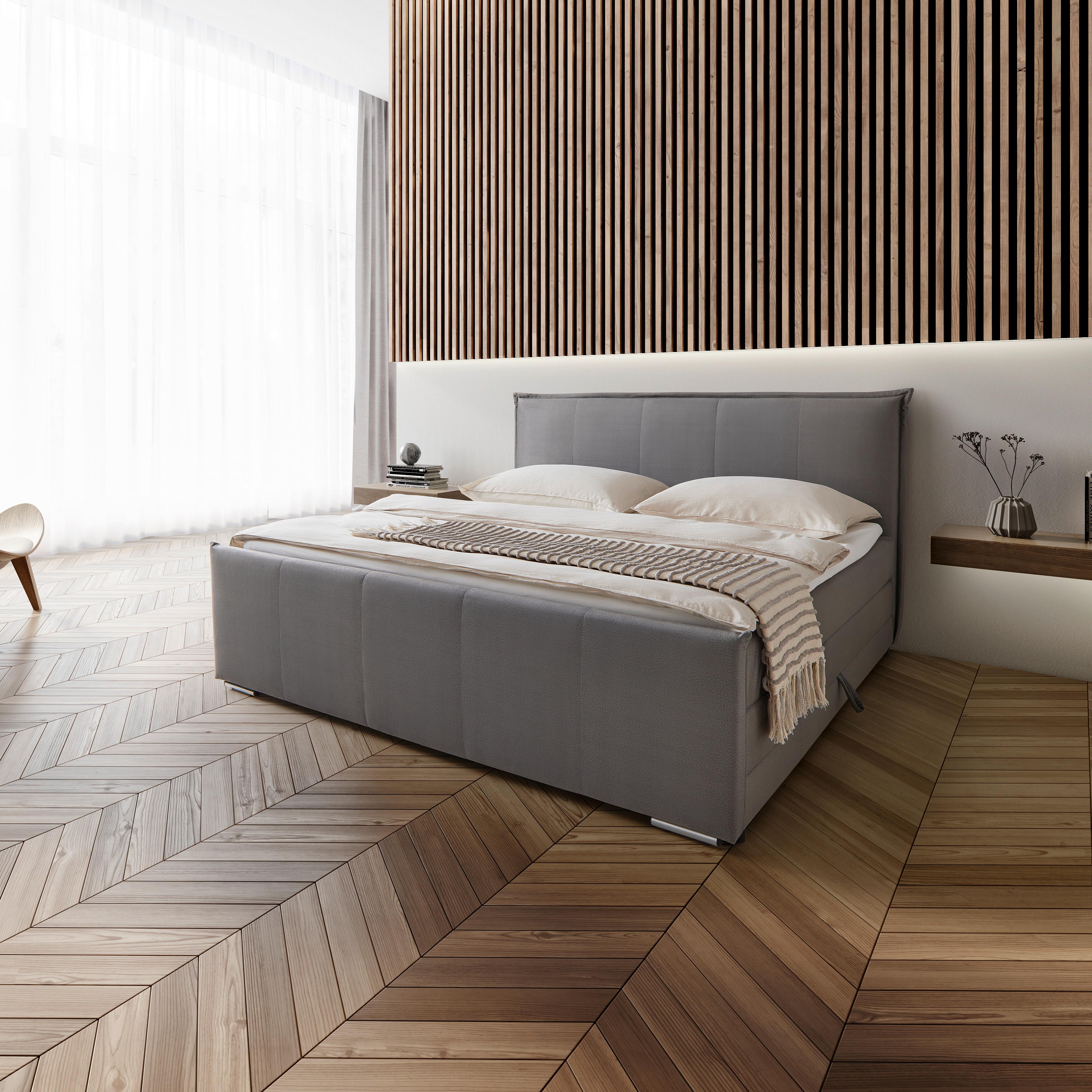 Posteľ boxspring s toperom, 200x200 cm, sivá - sivá/chrómová, Modern, kov/drevo (200/200cm) - Bessagi Home
