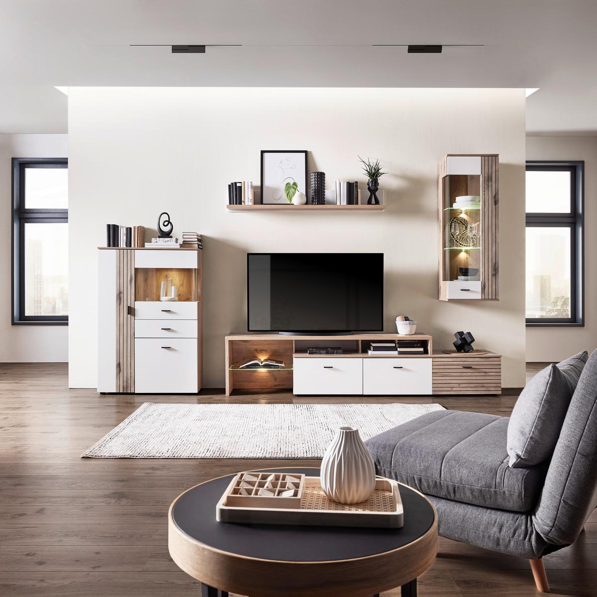 Tv-lowboard Liverpool B: 239 Cm Weiß/eichefarben - Eichefarben/Schwarz, MODERN, Glas/Holzwerkstoff (239/52/44cm)