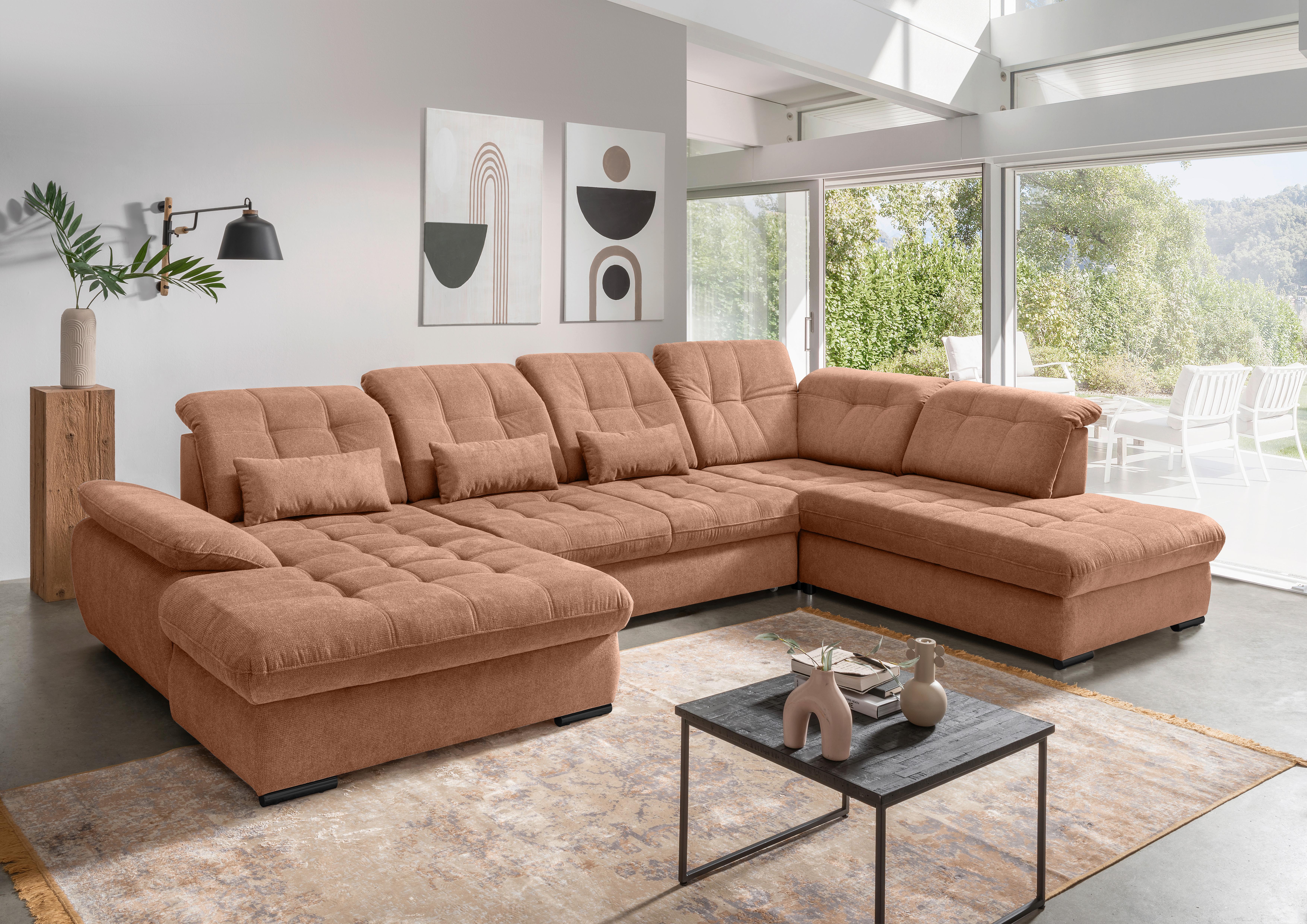 Wohnlandschaft mit Bettkasten Rigatti Koralle B: 387 cm - Koralle/Schwarz, MODERN, Textil (184/387/252cm) - Livetastic