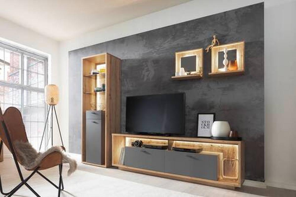 Wohnkombination 4-Tlg. Lizzano Grau/Eichefarben - Eichefarben/Grau, Design, Glas/Holzwerkstoff (286/209/40cm) - MID.YOU