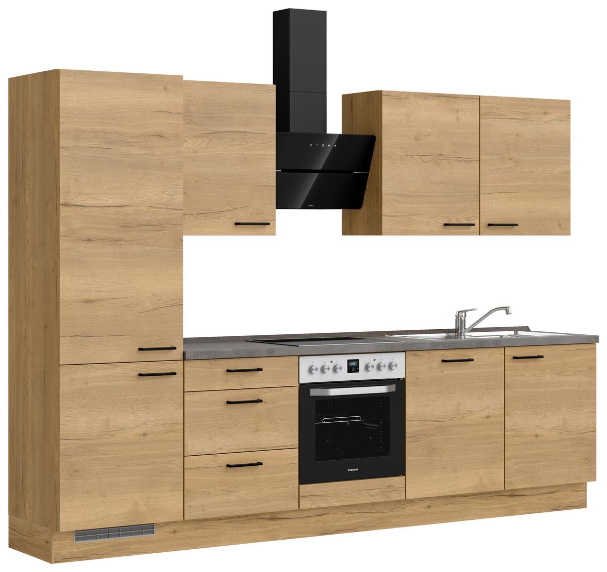 Kuchynská linka 300 cm, dub Sierra - čierna/farba duba, Modern, kov/kompozitné drevo (300cm) - Nobilia