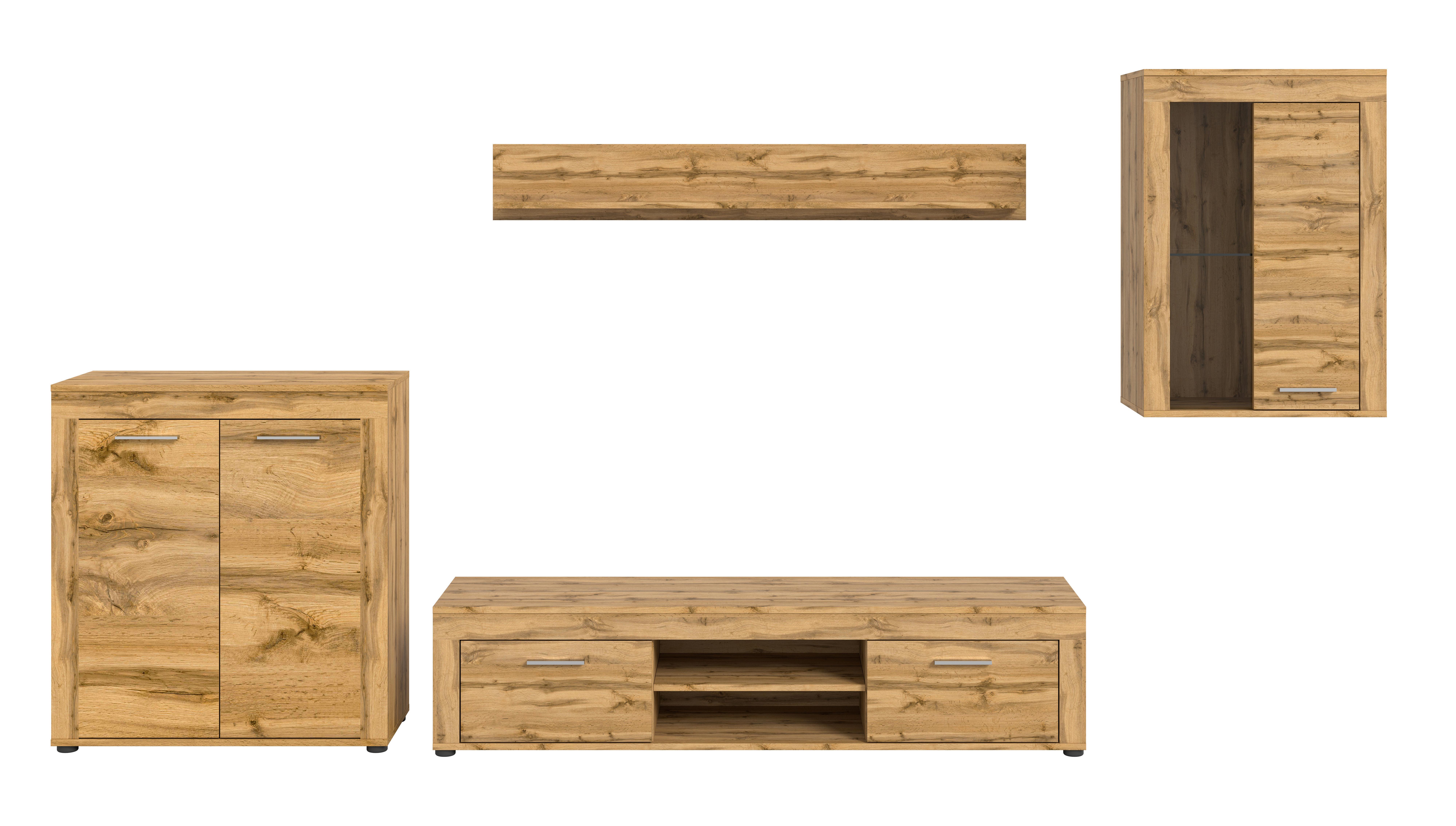 Wohnwand Jam Eiche Wotan Dekor B: 330cm - Eiche Wotan/Schwarz, Design, Glas/Holzwerkstoff (330/169/35cm) - MID.YOU