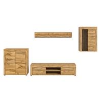 Wohnwand Jam Eiche Wotan Dekor B: 330cm - Eiche Wotan/Schwarz, Design, Glas/Holzwerkstoff (330/169/35cm) - MID.YOU