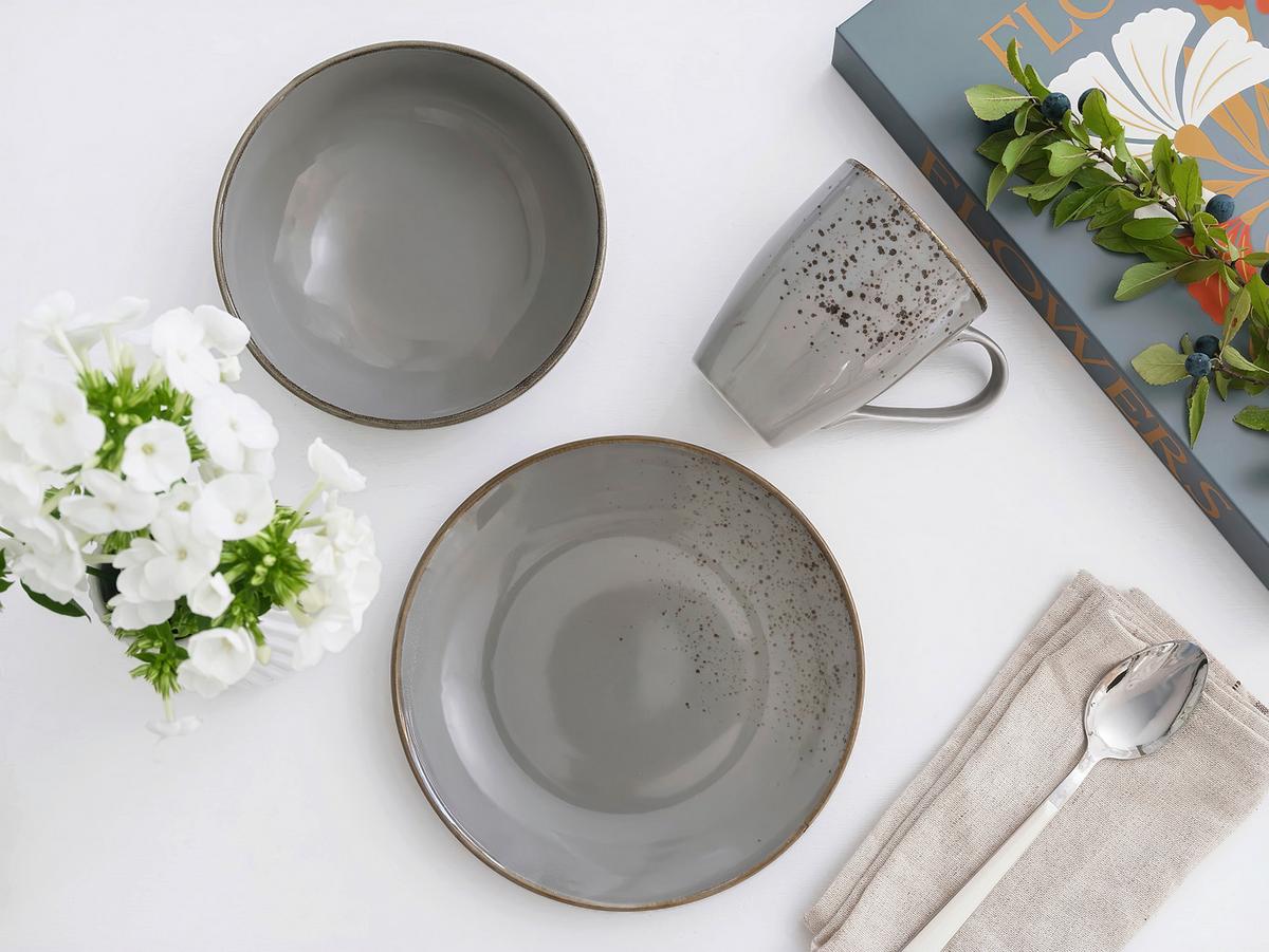 Frühstücksservice 12-teilig. Steinzeug, grau - Grau, Basics, Keramik - Creatable