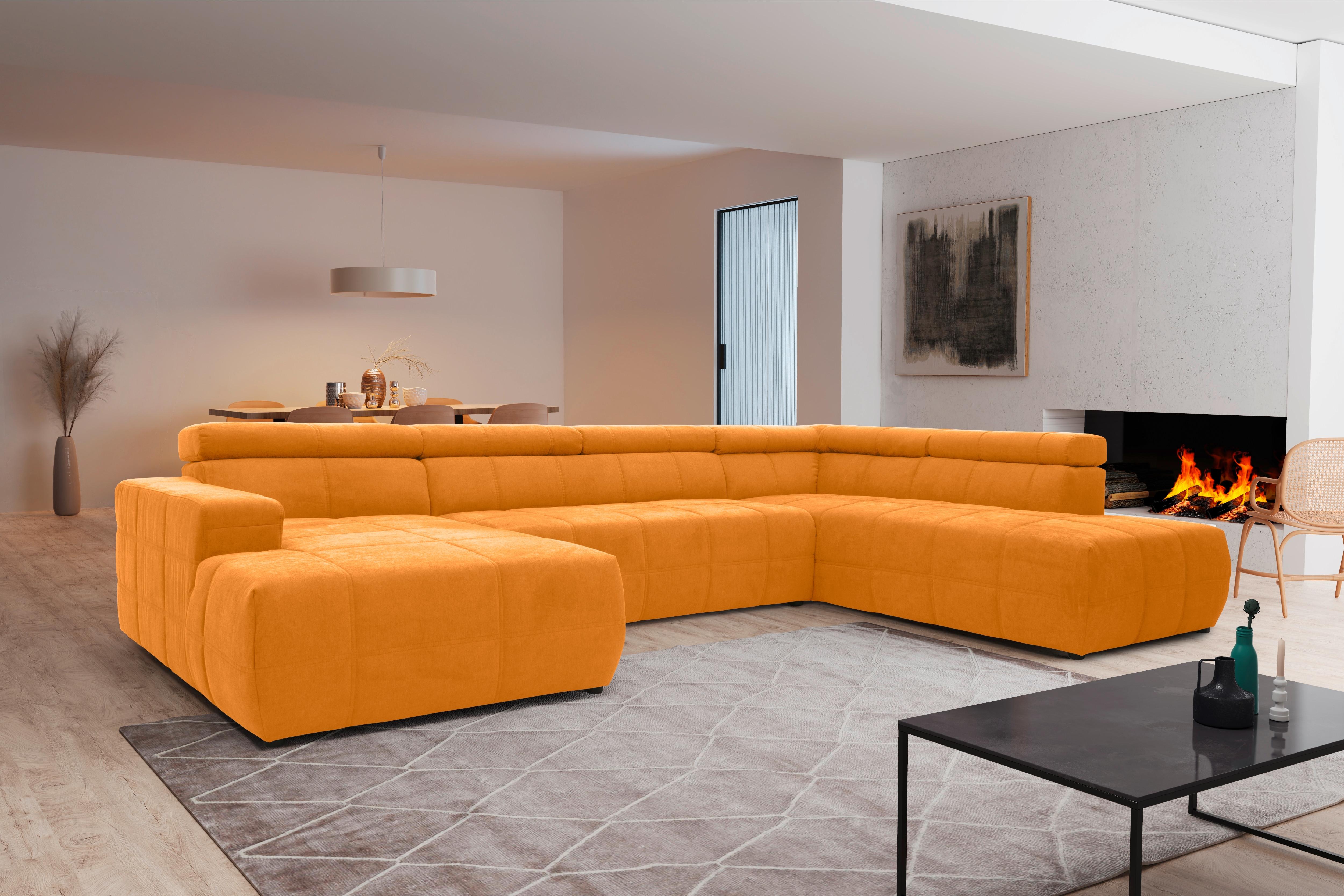 Wohnlandschaft Brandon Kopfteilverstellng Orange - Schwarz/Orange, Design, Textil (175/359/228cm) - MID.YOU